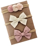 Opaski na głowę dla dziewczynki kokardki pomponiki kremowa i brudny róż