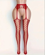Lena – ognistoczerwone pończochy z pasem | zmysłowy komplet siateczkowy