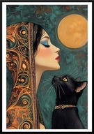 A2 KOLOROWY PLAKAT KOTY CZARNY KOT KOBIETA Z KOTEM PEŁNIA KSIĘŻYCA NOC