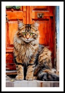 PLAKAT A2 KOTY SIEDZĄCE POD DRZWAMI BURSZTYNOWY BURY KOT MAINE COON AKWAREL