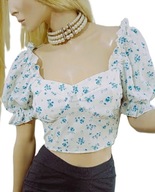 biała bluzka niebieskie kwiaty dekolt serce rękawki z bufkami pin up S