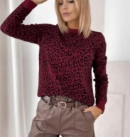 Sweterek print panterka cętki Bordowy cyrkonie uni