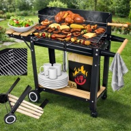 GRILL WĘGLOWY OGRODOWY DUŻY Z ROŻNEM – PÓŁKI, KÓŁKA, STALOWY BBQ 5w1