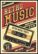 A2 PLAKAT MUZYCZNY MUZYKA, RETRO MUSIC, KASETA MAGNETOFONOWA, RETRO VINTAGE