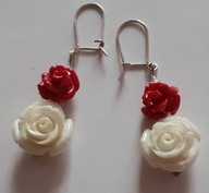 Retro* kolczyki hand made : róże: biale i czerwone - koral,srebro925