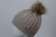 Wełniana czapka z warkoczami i pomponem, jasny beż, L/XL ,100% wełna merino