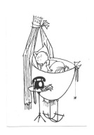 Pocztówka - Fiep Westendorp, Dziecko w kołysce, drzemka i ważny telefon ...