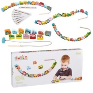 ZESTAW AUTKA NA SZNURKU SAMOCHODZIKI DREWNIANE NAWLEKANKA KOLOROWE KLOCKI