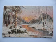 ZAGINIONY ŚWIAT ZIMOWY ZACHÓD SŁOŃCA W LESIE SARNA przedwojenna POCZTÓWKA