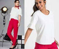 16018 BLUZKA DAMSKA KREMOWA Z KRÓTKIM RĘKAWEM Z FALBANKAMI 42