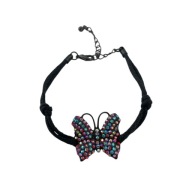 Bransoletka motyl kolorowe cekiny czarny rzemyk z regulowanym zapięciem