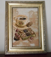 NOWY PIĘKNY TKANY GOBELIN W RAMIE KAWA CZEKOLADKI UNIKAT 59 x 45 cm
