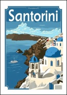 A2 KOLOROWY PLAKAT OBRAZ SANTORINI, GRECJA, CYKLADY, VINTAGE RETRO