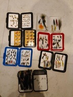 zestaw ponad 100 much + wędka kołowrotek akcesoria pstrąg lipień troć łosoś