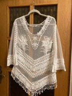 BLUZKA BIAŁA ITALY L-XL TIUL SIATKA HAFT KORONKA FRĘDZLE BAWEŁNA