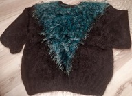 sweter ręcznie robiony czarno-turkusowy r. 42/44