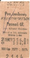 BILET KOLEJOWY -KRAKÓW GŁ -POZNAŃ GŁ -osobowy -1986 rok