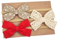 Opaski kokardki komplet dla dziewczynki kwiatuszki czerwona i beż koronka