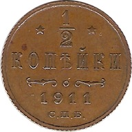 Rosja 1/2 Kopiejki 1911 Mikołaj II piękna czekoladowa patyna