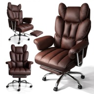 Fotel Obrotowy Biurowy PREMIUM Krzesło Biurowe Podnóżek Brąz Ekoskóra