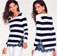 Bluzka Sweter 36 S w paski z koronką Ashley Brooke marine biała granatowa
