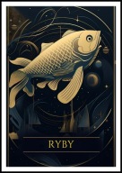 A2 GRANATOWY PLAKAT ZNAK ZODIAKU RYBY KOSMOS GALAKTYKA, DO DOMU NA PREZENT