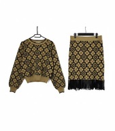 Komplet Dzianinowy Sweterek Spódnica Wzory Beżowy Oasis |R. L