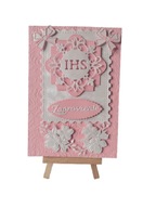 ZAPROSZENIA KOMUNIA DZIEWCZYNKA IHS W RAMCE KOKARDY B6 RÓŻ – BIEL