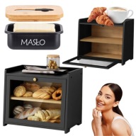 CHLEBAK DREWNIANY BAMBUSOWY DUŻY DWUPOZIOMOWY Z PÓŁKA CZARNY MASELNICZKA