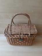 Boho vintage torebka koszyk zamykany trawa morska, rzemień, bakelit lata 70