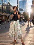 SPÓDNICA MAXI DWORSKA STYL FRANCUSKI PEREŁKI TIUL KOLOROWA KWIATY WZÓR SEXI