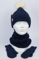 Wełniany zestaw zimowy 3w1czapka, komin, rękawiczki - 100%merino, granatowy