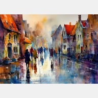 Stare miasto kolorowy obraz na płótnie 55x80 ludzie budynki akwarela ulica
