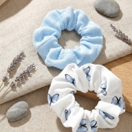 Scrunchie gumki do włosów zestaw 2 szt. - niebieska + biała w motyle