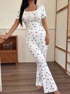 piżama damska dwuczęściowa spodnie bluzka z krótkim rękawem vintage serca