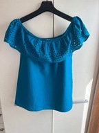 34 XS 36 S papaya turkusowa bluzka odkryte ramiona hiszpanka ażur haft