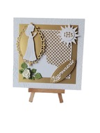 ZAPROSZENIA KOMUNIA DZIEWCZYNKA W RAMCE KORONKOWEJ K4 ZŁOTO - BIEL