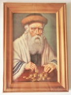 Żyd Rabin liczący pieniądze złote monety Obraz za szkłem rama drewniana