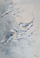 Akwarela Obraz Pejzaż Ptaki zimą