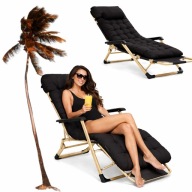 LEŻAK SOFOTEL OGRODOWY MASYWNY PLAŻOWY SKŁADANY + PODUSZKA CZARNA TKANINA