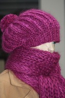 KOMPLET CZAPKA szal RĘKODZIEŁO MOHER fuksja