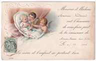 Anioły Aniołki dzieci dzieciątko 1906r. LITOGRAFIA Tłoczona Zaproszenie