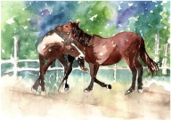 = Obraz =scena rodzajowa=akwarela=KONIE=