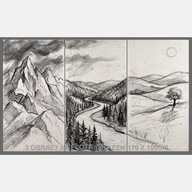 tryptyk 3 obraz na płótnie 170x100 szkic góry rzeka łąka drzewo natura art