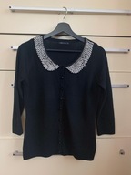 36 S Mohito czarny kardigan sweter okrągły biały kołnierzyk perełki