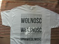 T-shirt biały męski z napisem "Wolność, Własność, Sprawiedliwość", bawełna
