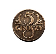 Polska moneta o nominale 5 groszy z 1930 r. z okresu II Rzeczypospolitej