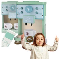 DREWNIANY EKSPRES DO KAWY DLA DZIECI Z AKCESORIAMI KUCHNI FILIŻANKI PREZENT