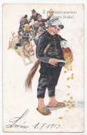 NOWY ROK DOZORCA KOMINIARZ ŚWINIA W OKULARACH WOREK PIENIĘDZY MONETY 1913