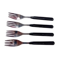 Zestaw 4 widelców ze stali nierdzewnej Hefra z plastikowymi obsadkami. PRL.